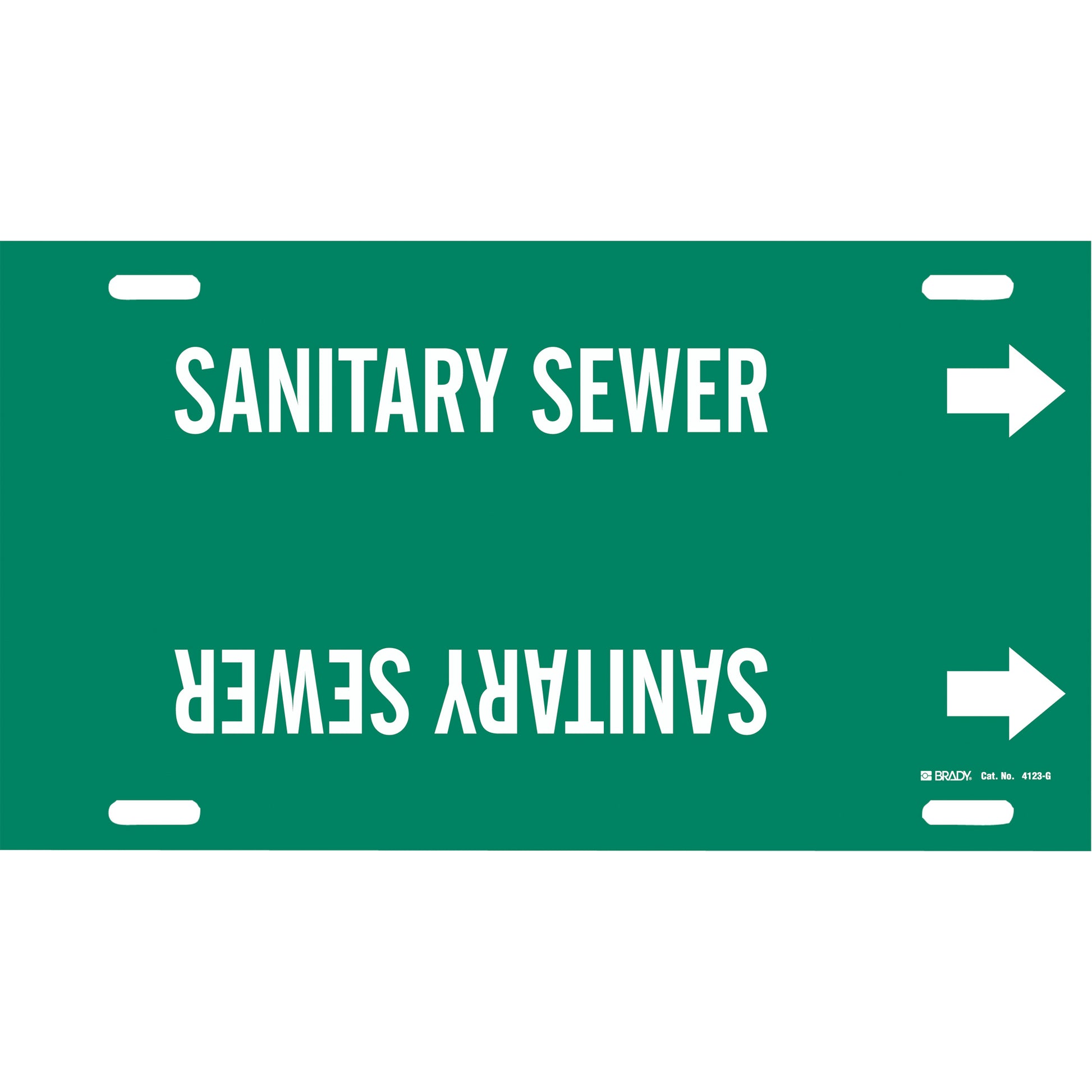 Brady "Sanitary Sewer" Pipe Marker, Strap-On, 10" H x 24" W, White on Green