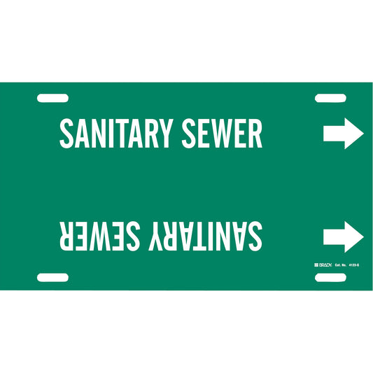 Brady "Sanitary Sewer" Pipe Marker, Strap-On, 10" H x 24" W, White on Green