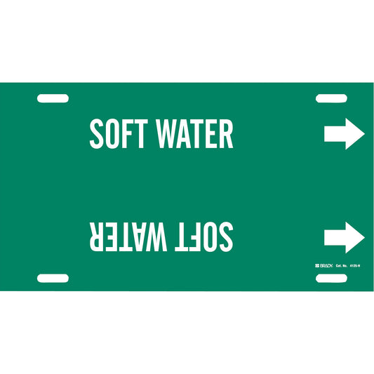 Brady "Soft Water" Pipe Marker, Strap-On, 10" H x 32" W, White on Green