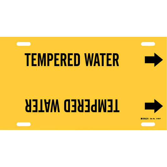 Brady "Tempered Water" Pipe Marker, Strap-On, 8" H x 16" W, Black on Yellow