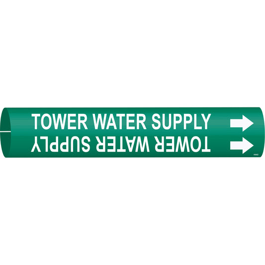 Brady "Tower Water Supply" Pipe Marker, Snap-On, 2-13/16" H x 2-13/16" W, White on Green