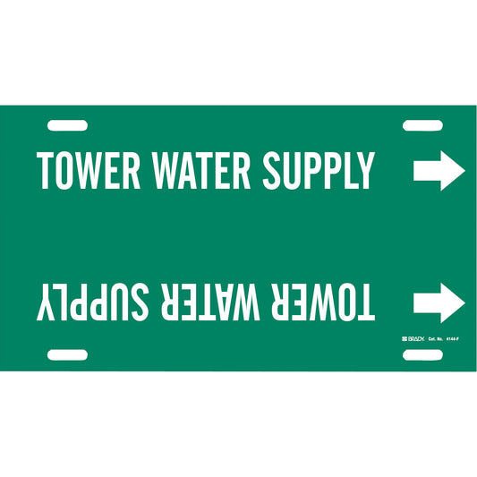 Brady "Tower Water Supply" Pipe Marker, Strap-On, 8" H x 16" W, White on Green