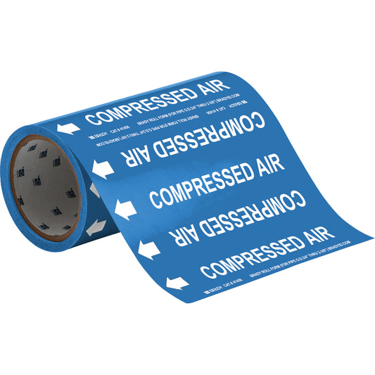 Brady "Compressed Air" Roll Form Pipe Markers, Self-Adhesive, Cuttable H x 8" W, White on Blue