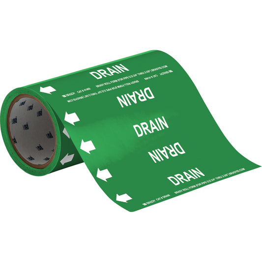 Brady "Drain" Roll Form Pipe Markers, Self-Adhesive, Cuttable H x 8" W, White on Green