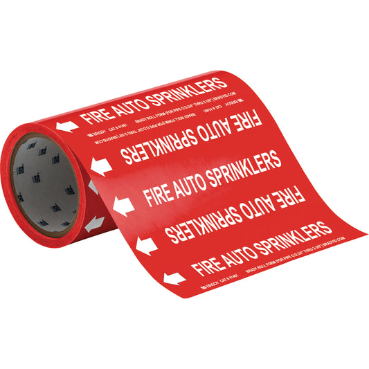 Brady "Fire Auto Sprinklers" Roll Form Pipe Markers, Self-Adhesive, Cuttable H x 8" W, White on Red