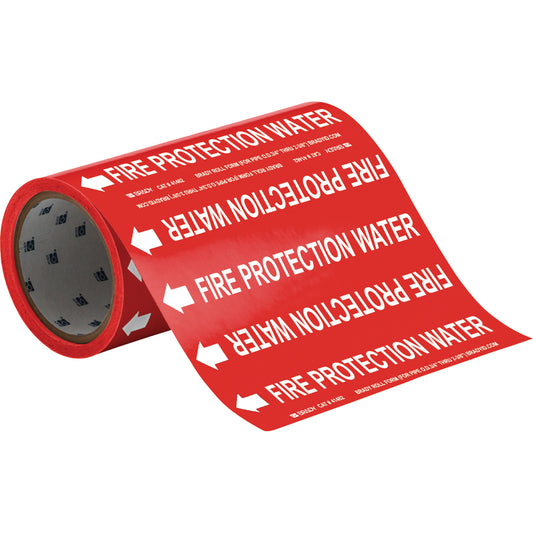Brady "Fire Protection Water" Roll Form Pipe Markers, Self-Adhesive, Cuttable H x 8" W, White on Red