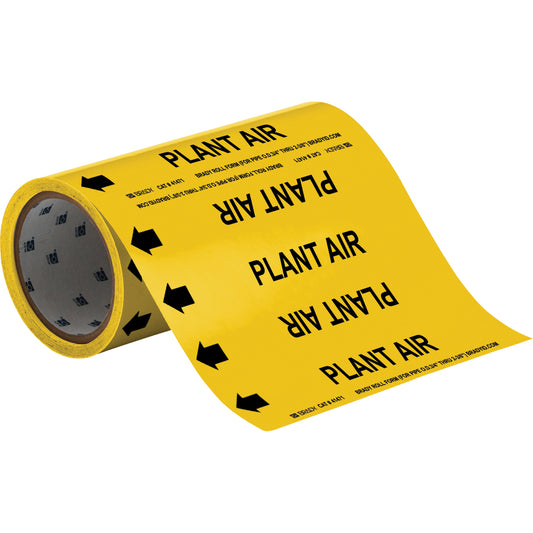 Brady "Plant Air" Roll Form Pipe Markers, Self-Adhesive, Cuttable H x 8" W, Black on Yellow