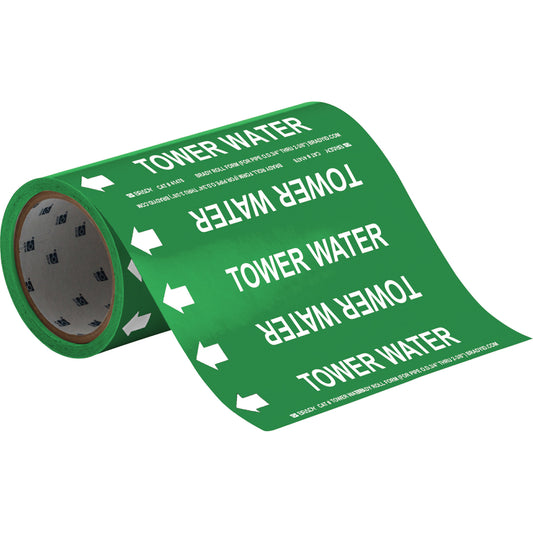 Brady "Tower Water" Roll Form Pipe Markers, Self-Adhesive, Cuttable H x 8" W, White on Green