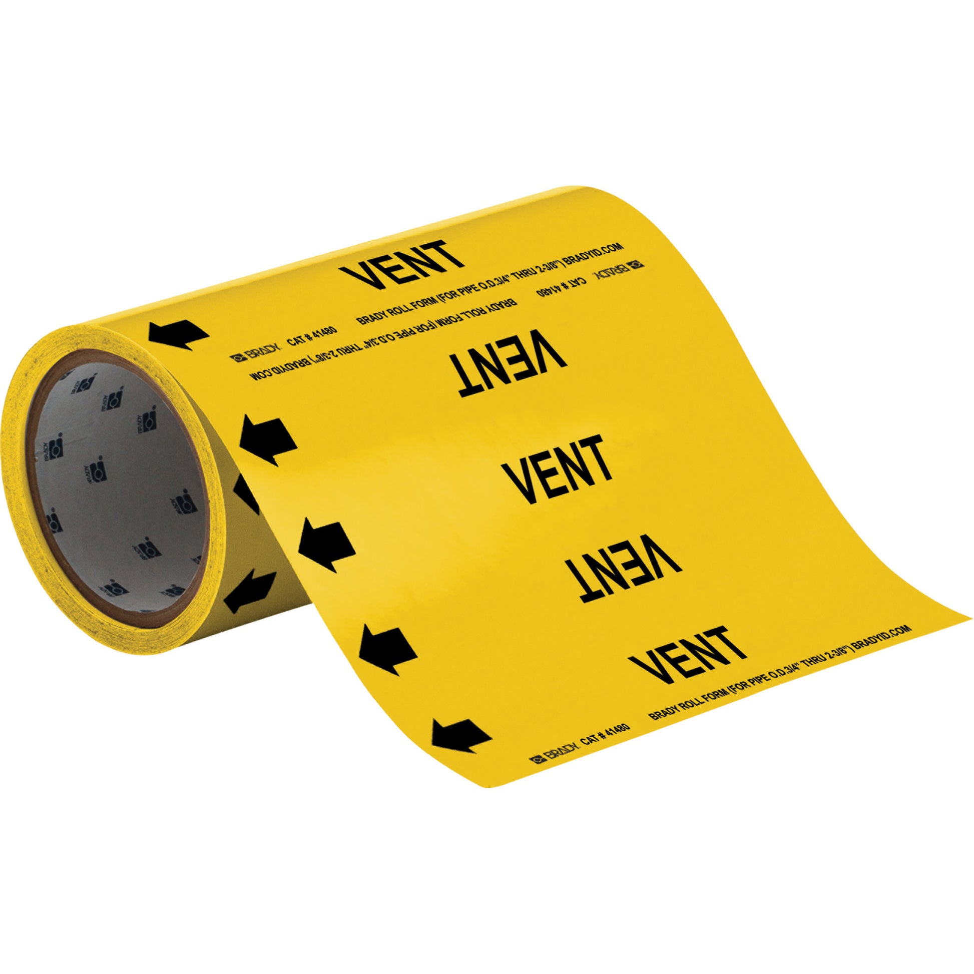 Brady "Vent" Roll Form Pipe Markers, Self-Adhesive, Cuttable H x 8" W, Black on Yellow