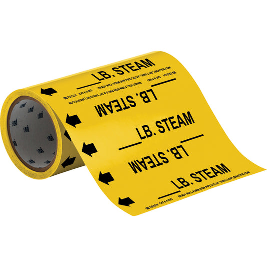 Brady Blank "LB. Steam" Roll Form Pipe Markers, Self-Adhesive, Cuttable H x 8" W, Black on Yellow