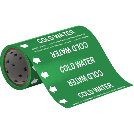 Brady "Cold Water" Roll Form Pipe Markers, Self-Adhesive, Cuttable H x 8" W, White on Green