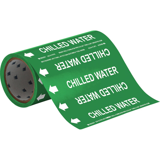 Brady "Chilled Water" Roll Form Pipe Markers, Self-Adhesive, Cuttable H x 8" W, White on Green