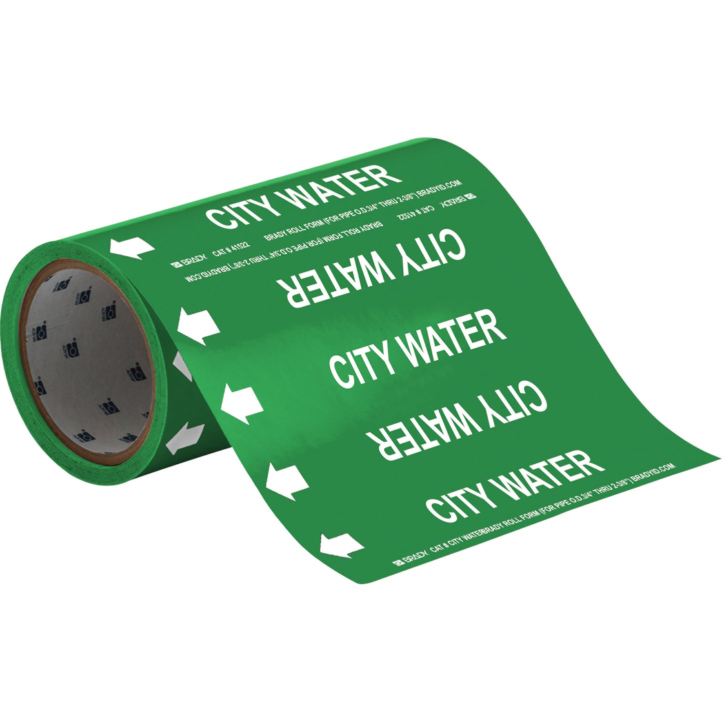 Brady "City Water" Roll Form Pipe Markers, Self-Adhesive, Cuttable H x 8" W, White on Green