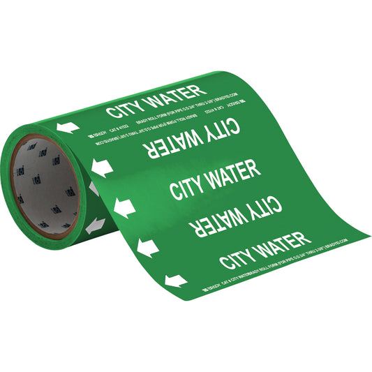 Brady "City Water" Roll Form Pipe Markers, Self-Adhesive, Cuttable H x 8" W, White on Green