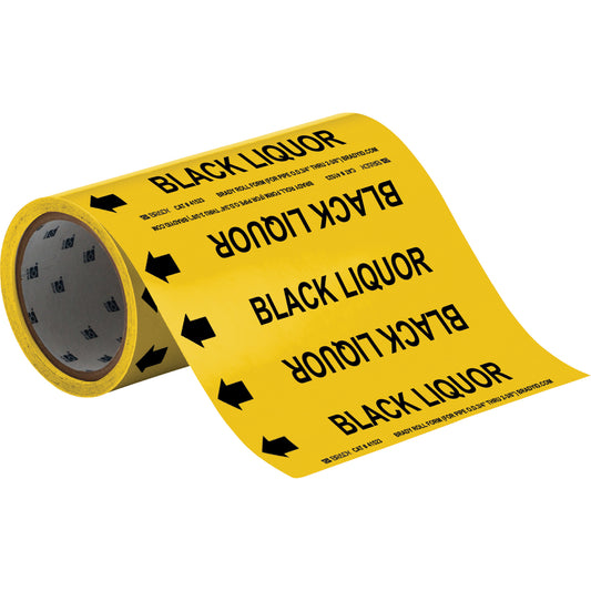 Brady "Black Liquor" Roll Form Pipe Markers, Self-Adhesive, Cuttable H x 8" W, Black on Yellow