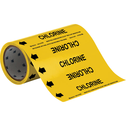 Brady "Chlorine" Roll Form Pipe Markers, Self-Adhesive, Cuttable H x 8" W, Black on Yellow