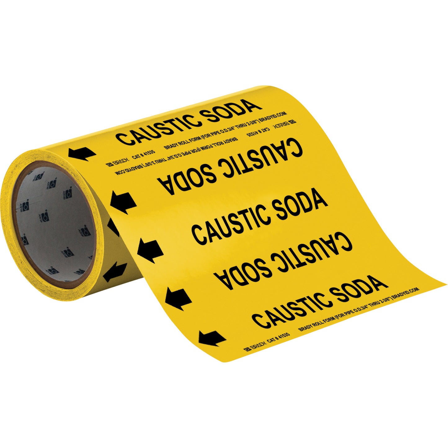 Brady "Caustic Soda" Roll Form Pipe Markers, Self-Adhesive, Cuttable H x 8" W, Black on Yellow