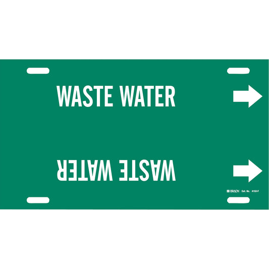 Brady "Waste Water" Pipe Marker, Strap-On, 8" H x 16" W, White on Green