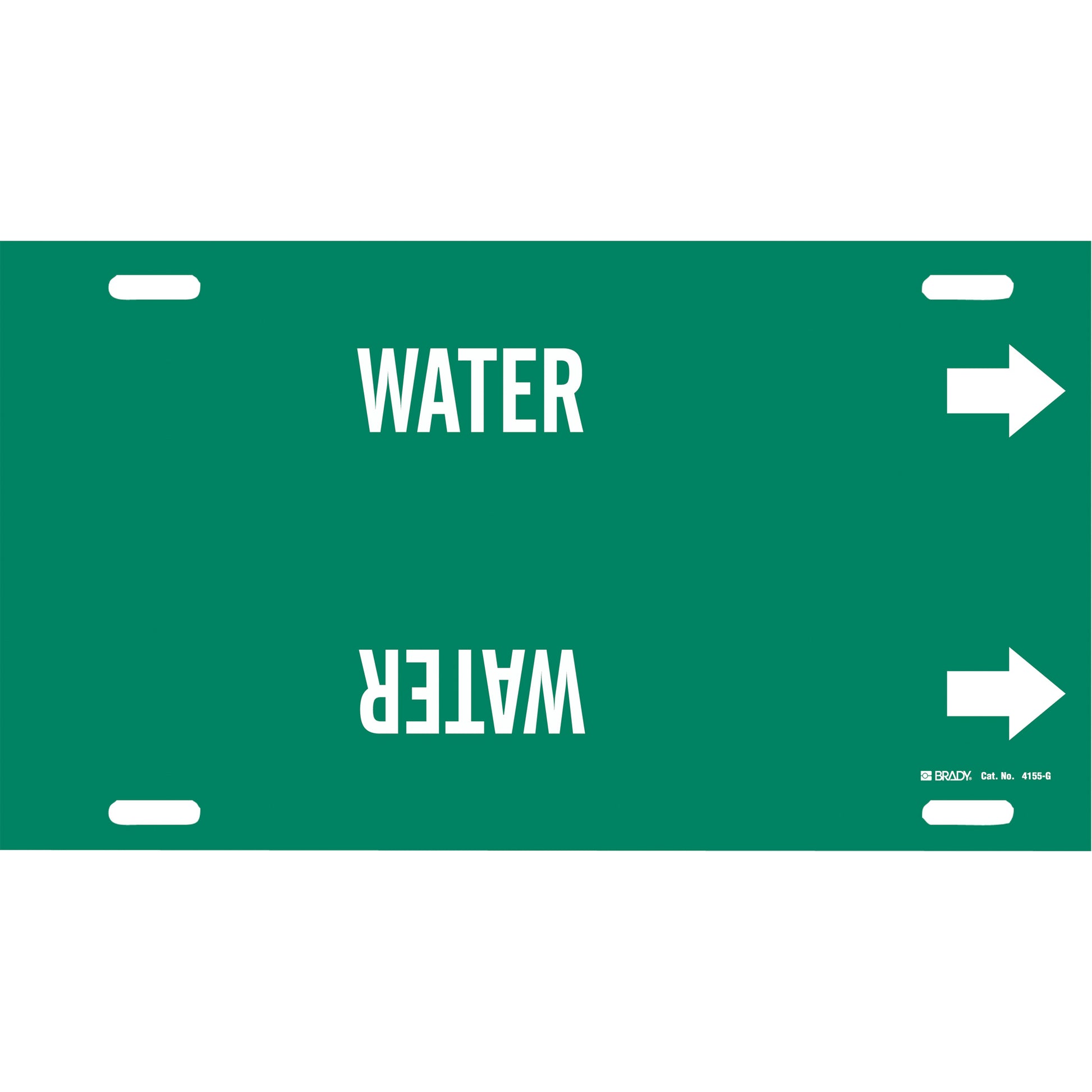 Brady "Water" Pipe Marker, Strap-On, 10" H x 24" W, White on Green