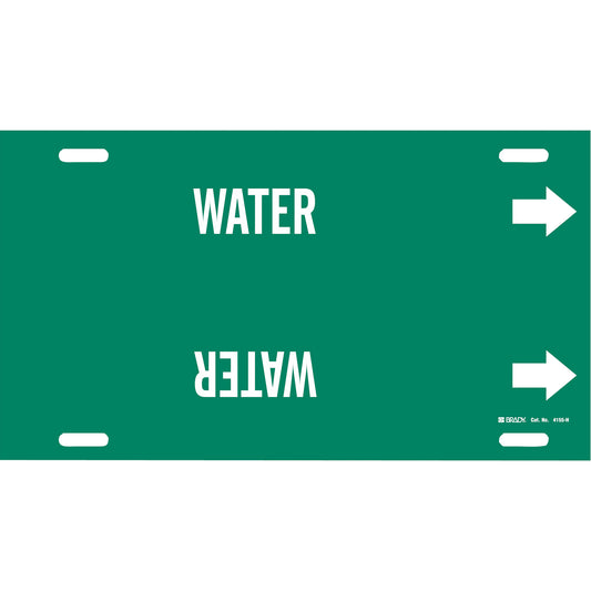 Brady "Water" Pipe Marker, Strap-On, 10" H x 32" W, White on Green