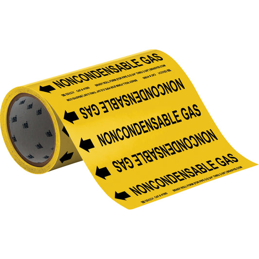 Brady "Noncondensable Gas" Roll Form Pipe Markers, Self-Adhesive, Cuttable H x 8" W, Black on Yellow