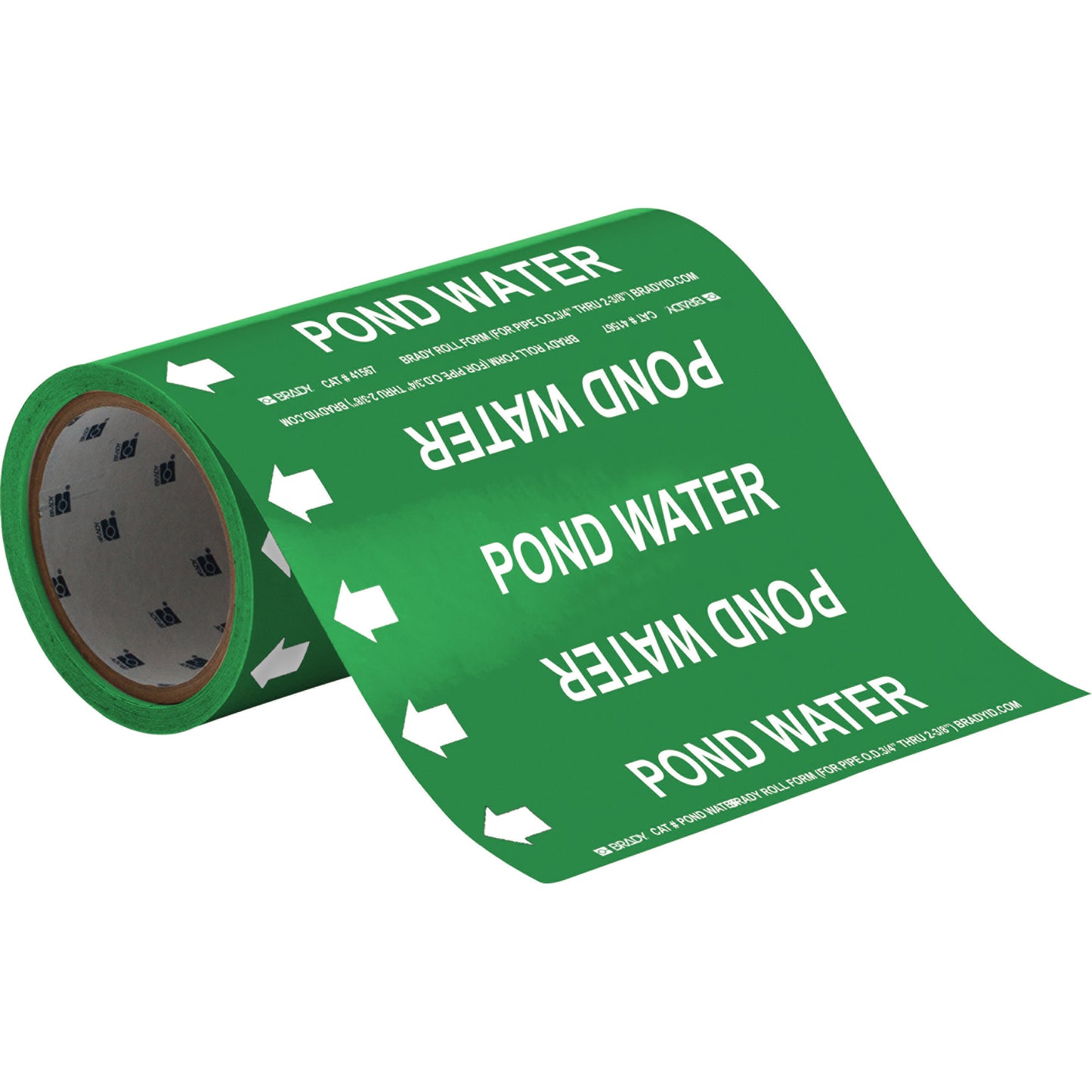 Brady "Pond Water" Roll Form Pipe Markers, Self-Adhesive, Cuttable H x 8" W, White on Green