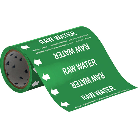 Brady "Raw Water" Roll Form Pipe Markers, Self-Adhesive, Cuttable H x 8" W, White on Green
