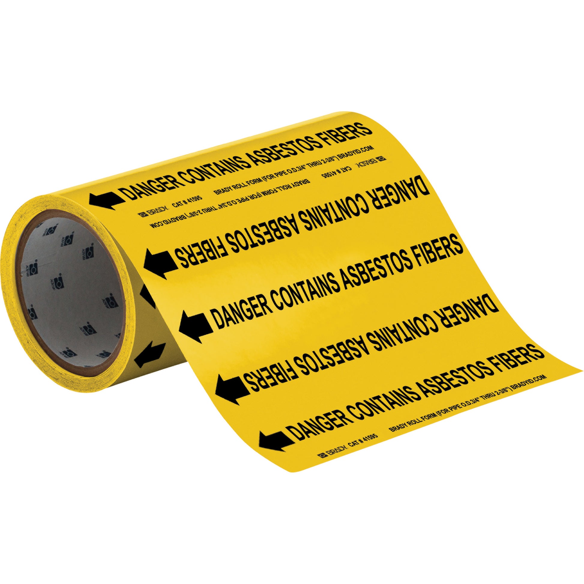 Brady "Danger Contains Asbestos Fiber" Roll Form Pipe Markers, Self-Adhesive, Cuttable H x 8" W, Black on Yellow