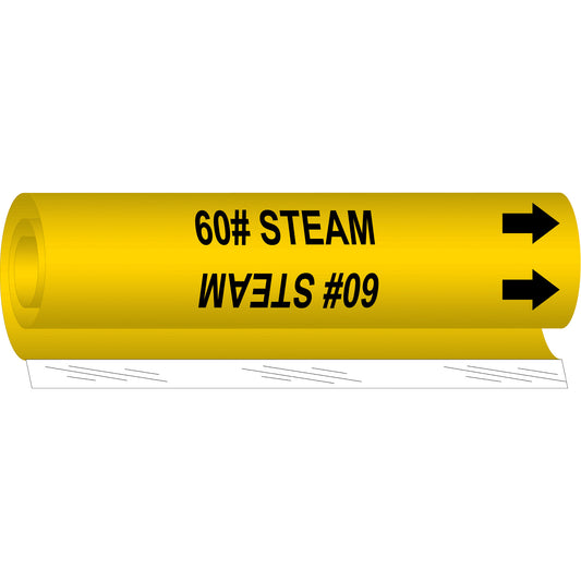 Brady "60# Steam" Pipe Marker, Wrap-Around, 9" H x 8" W, Black on Yellow