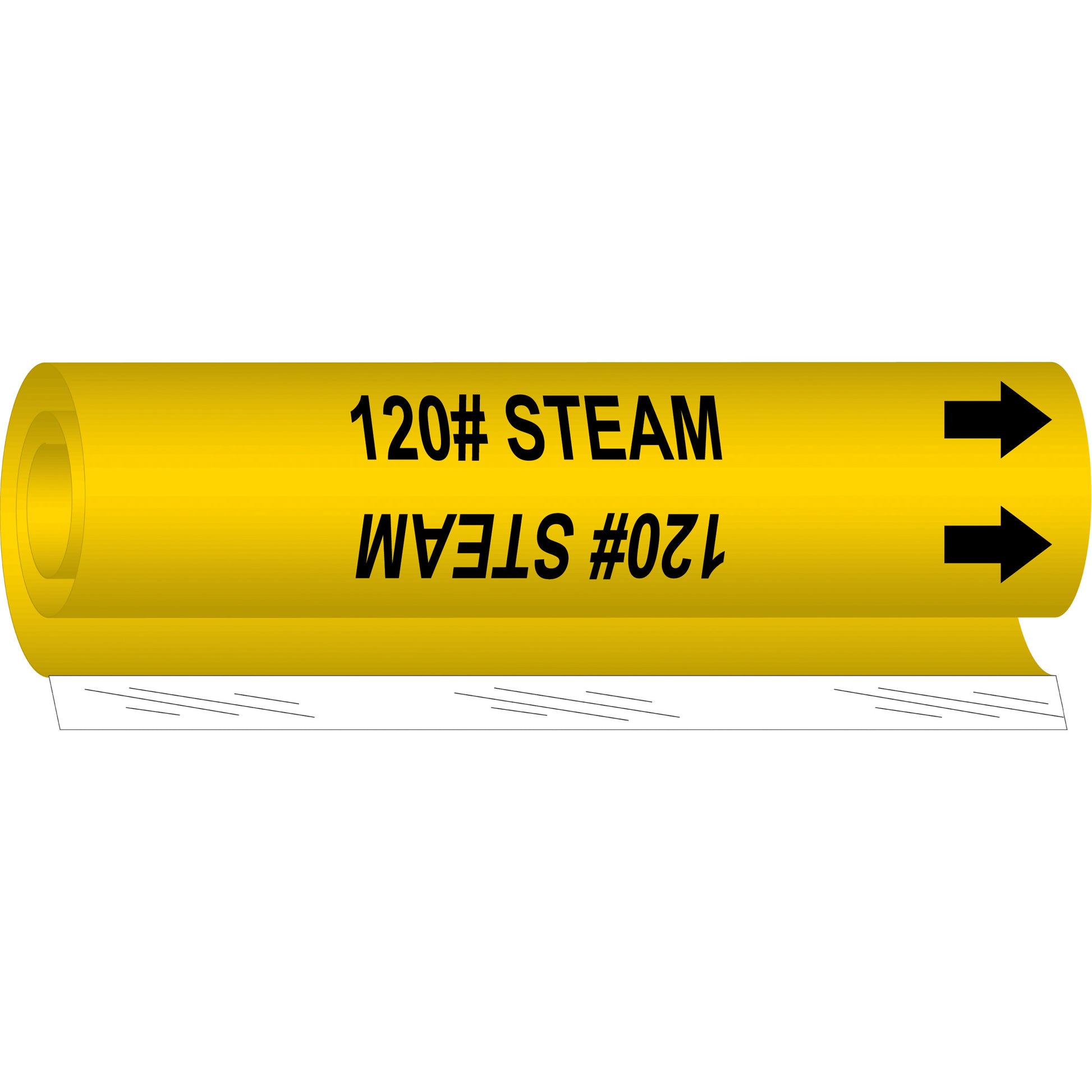 Brady "120# Steam" Pipe Marker, Wrap-Around, 9" H x 8" W, Black on Yellow