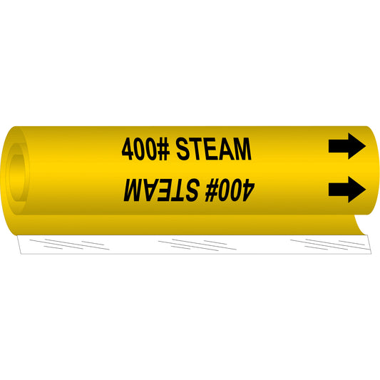 Brady "400# Steam" Pipe Marker, Wrap-Around, 9" H x 8" W, Black on Yellow