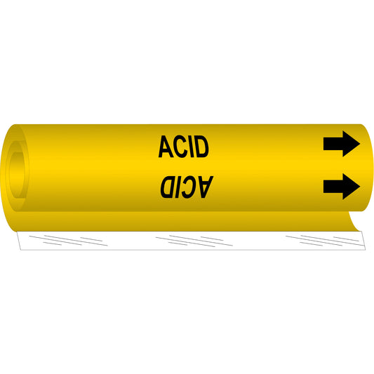 Brady "Acid" Pipe Marker, Wrap-Around, 9" H x 8" W, Black on Yellow