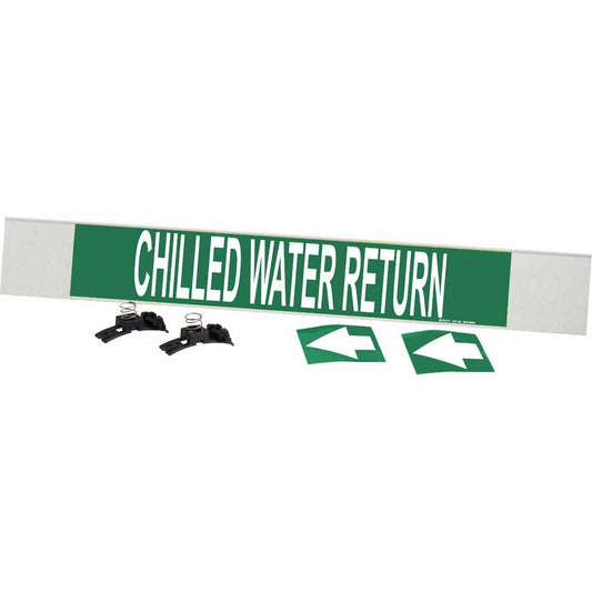 Brady "Chilled Water Return" Pipe Marker, Fibreglass Carrier with Clips, 4" H x 24" W, White on Green