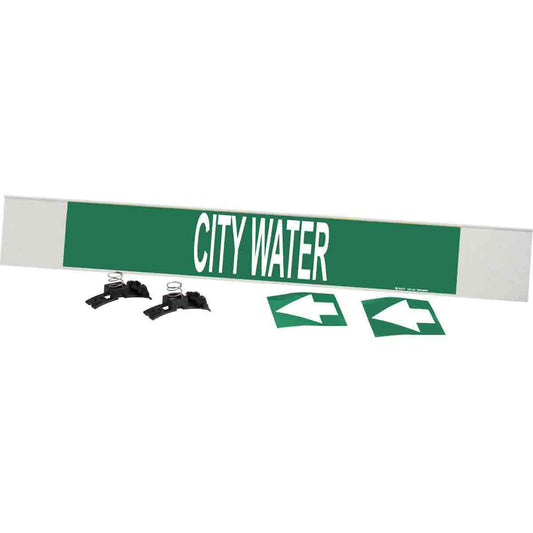 Brady "City Water" Pipe Marker, Fibreglass Carrier with Clips, 4" H x 24" W, White on Green