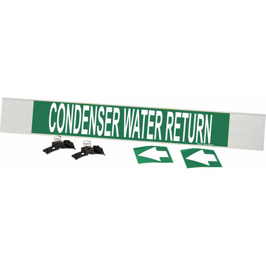 Brady "Condenser Water Return" Pipe Marker, Fibreglass Carrier with Clips, 4" H x 24" W, White on Green
