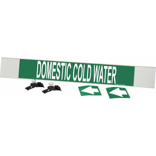 Brady "Domestic Cold Water" Pipe Marker, Fibreglass Carrier with Clips, 4" H x 24" W, White on Green