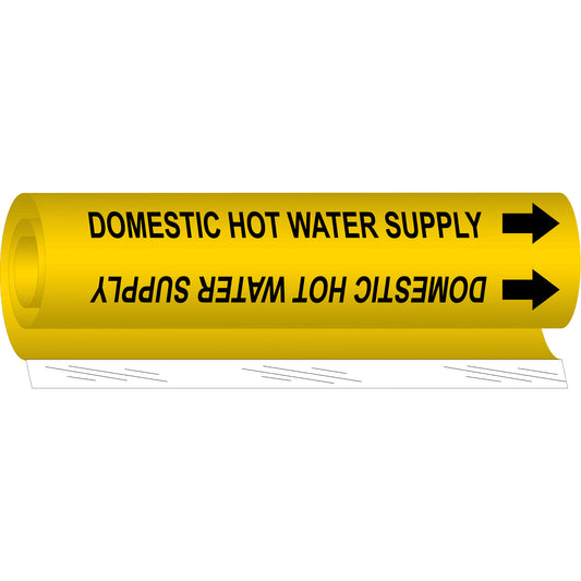 Brady "Domestic Hot Water Supply" Pipe Marker, Wrap-Around, 9" H x 8" W, Black on Yellow