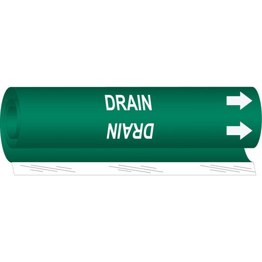 Brady "Drain" Pipe Marker, Wrap-Around, 5" H x 8" W, White on Green
