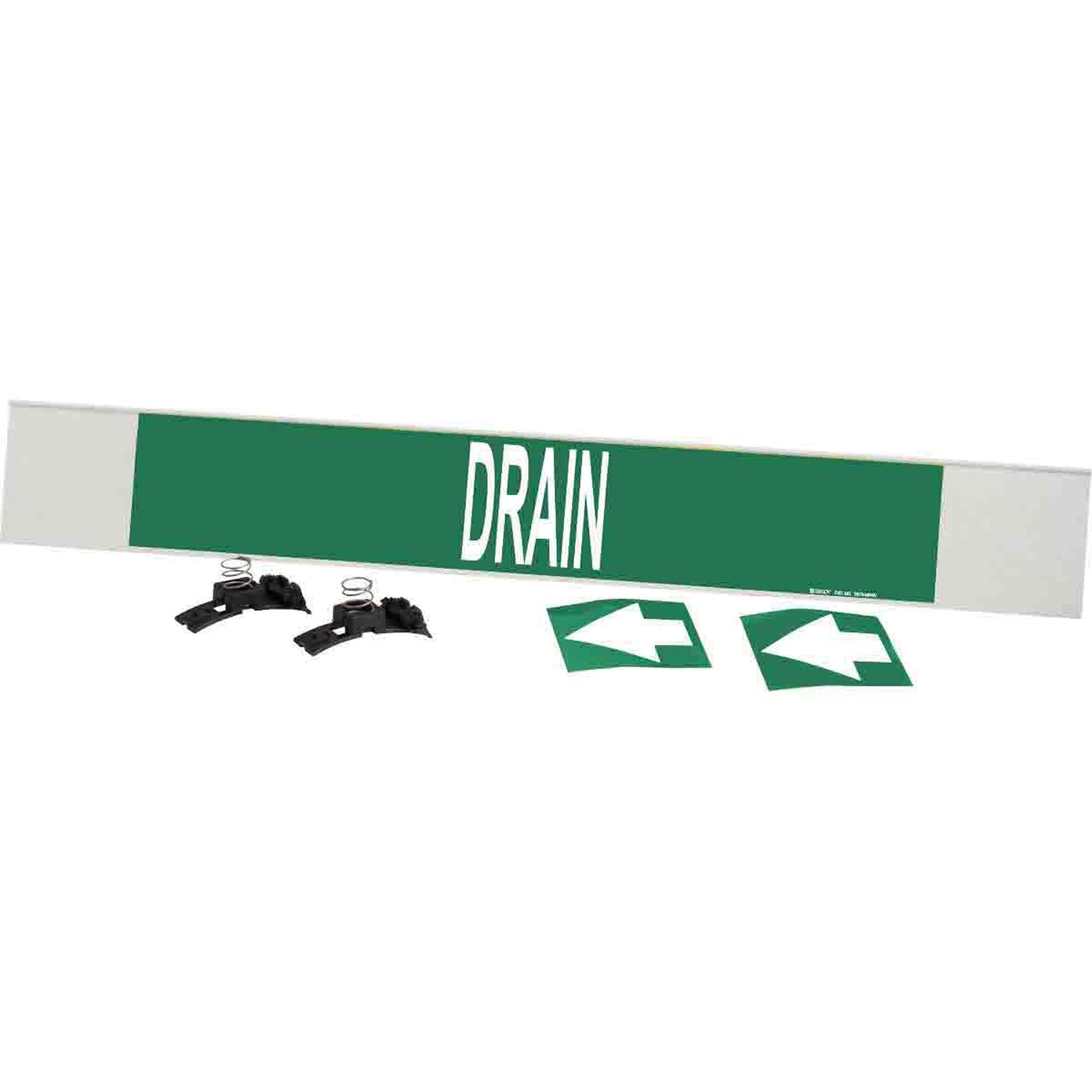 Brady "Drain" Pipe Marker, Fibreglass Carrier with Clips, 4" H x 24" W, White on Green