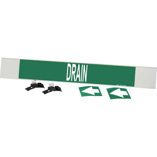 Brady "Drain" Pipe Marker, Fibreglass Carrier with Clips, 4" H x 24" W, White on Green