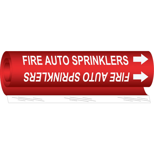 Brady "Fire Auto Sprinklers" Pipe Marker, Wrap-Around, 5" H x 8" W, White on Red