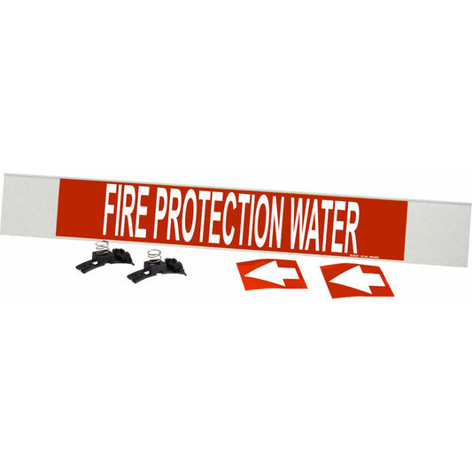 Brady "Fire Protection Water" Pipe Marker, Fibreglass Carrier with Clips, 4" H x 24" W, White on Red