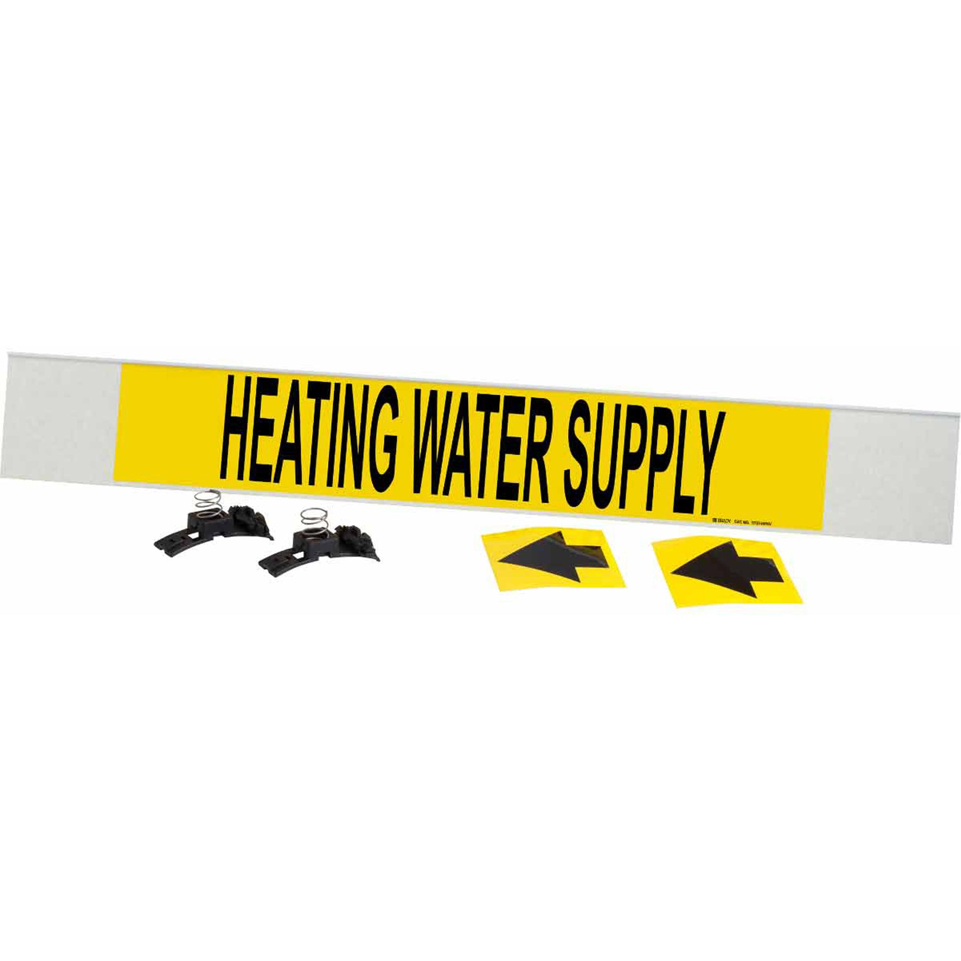 Brady "Heating Water Supply" Pipe Marker, Fibreglass Carrier with Clips, 4" H x 24" W, Black on Yellow