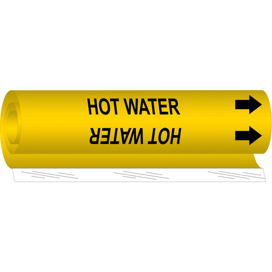 Brady "Hot Water" Pipe Marker, Wrap-Around, 9" H x 8" W, Black on Yellow
