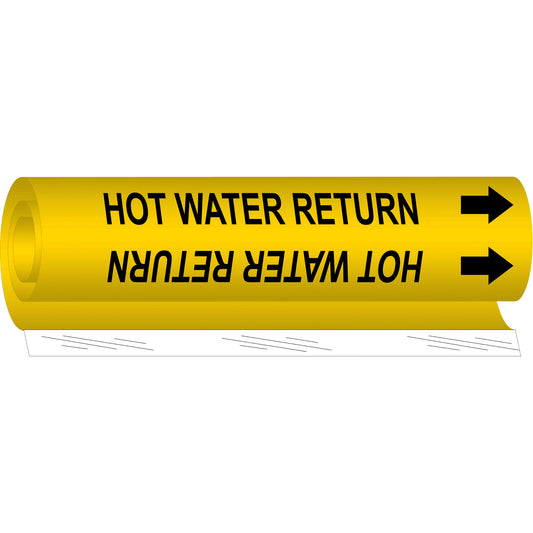 Brady "Hot Water Return" Pipe Marker, Wrap-Around, 9" H x 8" W, Black on Yellow