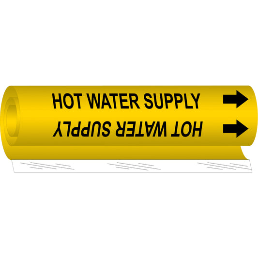 Brady "Hot Water Supply" Pipe Marker, Wrap-Around, 9" H x 8" W, Black on Yellow