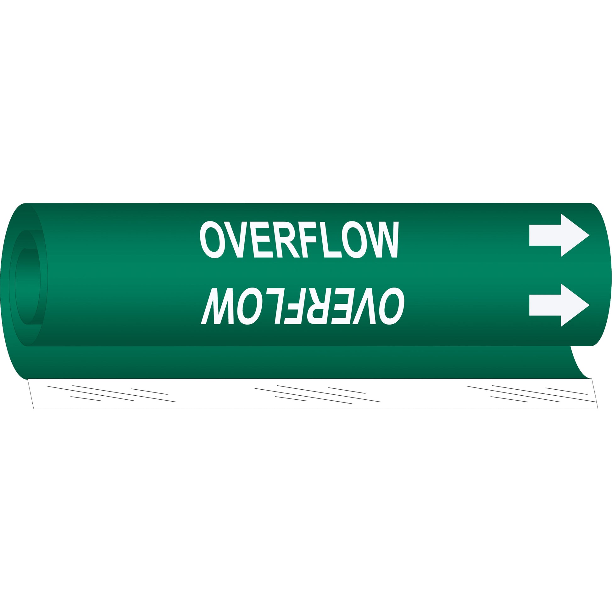 Brady "Overflow" Pipe Marker, Wrap-Around, 5" H x 8" W, White on Green