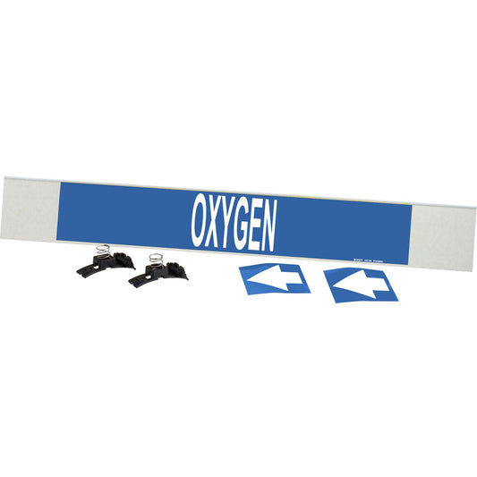 Brady "Oxygen" Pipe Marker, Fibreglass Carrier with Clips, 4" H x 24" W, White on Blue