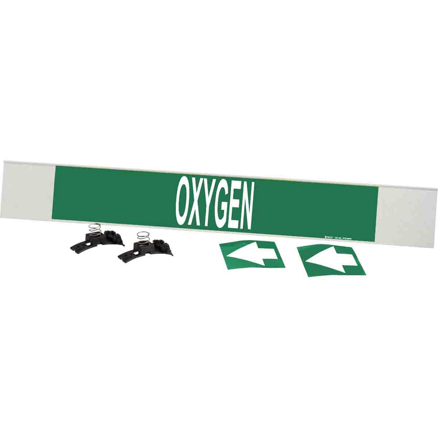 Brady "Oxygen" Pipe Marker, Fibreglass Carrier with Clips, 4" H x 24" W, White on Green