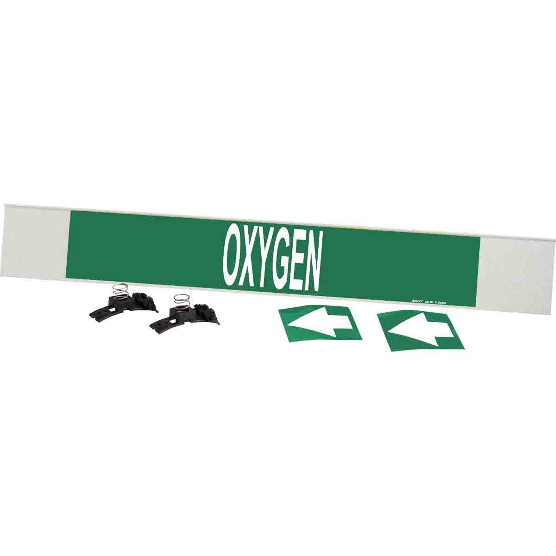 Brady "Oxygen" Pipe Marker, Fibreglass Carrier with Clips, 4" H x 24" W, White on Green